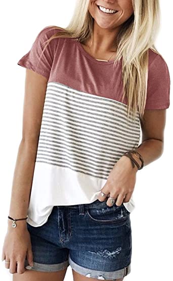 Aygience Womens Short Sleeve Striped T-Shirt Color Block Striped Shirts Casual Blouse