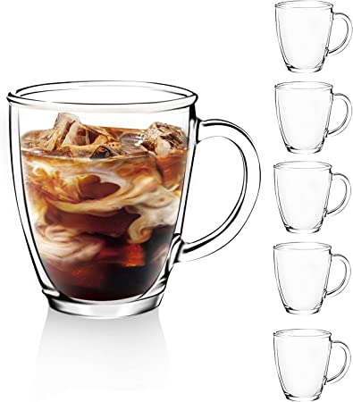 [6 Pack,12 OZ] Design•Master Premium Glass Coffee Mugs with Handle, Transparent Tea Glasses for Hot/Cold Beverages, Perfect Design for Americano, Cappuccinos, Latte or Macchiato, Tea and Beverage.