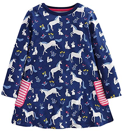 Fiream Girls Cotton Casual Longsleeve Unicorn Cartoon Dresses