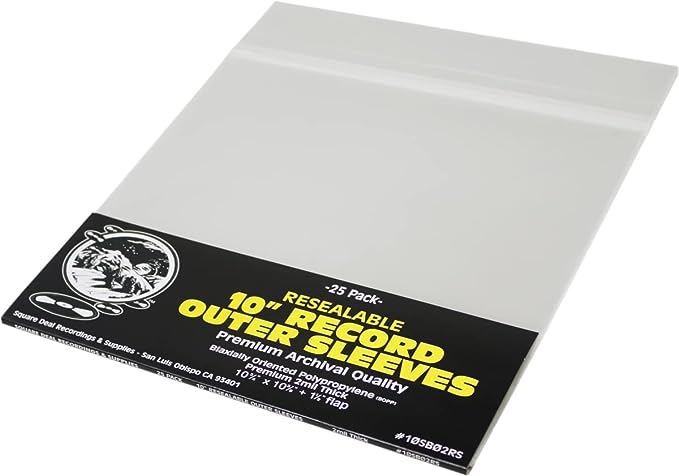 (25) 10" Resealable Record Outer Sleeves - Super Clear Premium 2 Mil Thick - Archival Quality BOPP - 10-3/4" x 10-3/8"   1-1/2" Flap - 10SB02RS