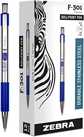 Zebra F-301 Ballpoint Stainless Steel Retractable Pen, Fine Point, 0.7mm, Blue Ink, 12-Count