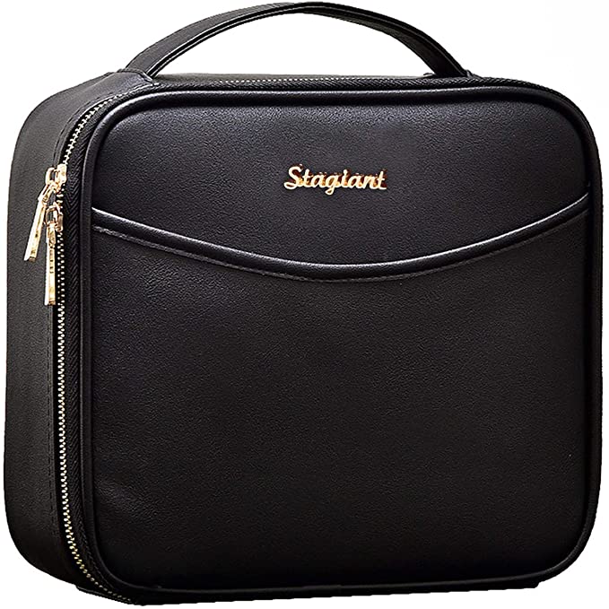 Stagiant PU Leather Pocket Makeup Bag Cosmetic Case Travel Beauty Box Hairdressing Tools Organiser Storage Box Make Up Train Case with Removable Compartment, Black