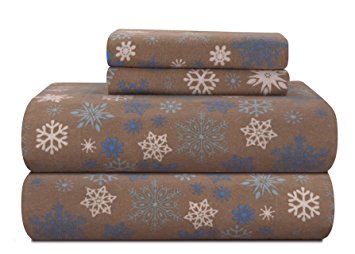 Pointehaven Heavy Weight Printed Flannel Full Sheet Set, Snow Flakes, Tan