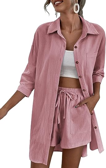 Zeagoo Women’s 2 Piece Casual Lounge Tracksuit Outfits Sets Cotton Linen High Low Shirt and Drawstring Shorts Set