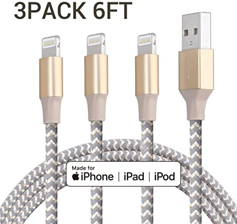 iPhone Charger Cable - Nikolable 3 Pack 6ft Apple Certified Lightning Cable Nylon Braided USB Fast Charging Cord Compatible with iPhone 11 Pro Max Xs XR X 8 Plus 7Plus 6S SE iPad iPod - Champagne Gold