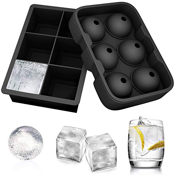 Ecoki Ice Cube Tray & Ice Ball Tray Set, Jumbo Silicone Ice Cube Mold & 8 Cavity Ice Maker Mold for Cocktail Whiskey, Or Candy Pudding Jelly Milk Juice
