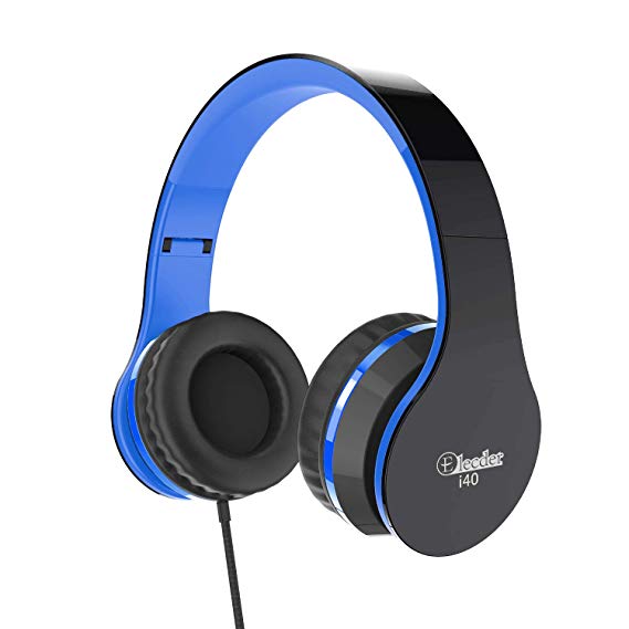 Elecder i40 Headphones with Microphone Lightweight Foldable Portable On Ear Headsets with 3.5mm Jack for iPad Cellphones Computer MP3/4 Kindle Airplane School Tablet Black/Blue
