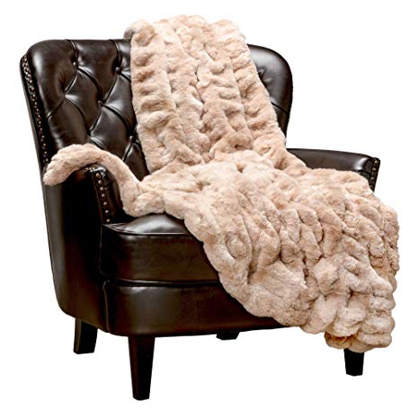 Chanasya Ruched Royal Luxurious Faux Fur Throw Blanket - Super Soft Fuzzy Warm Cozy Plush Fluffy Elegant Blanket for Sofa Chair Couch Bed with Reversible Silky Velvet Throw Blanket- 50x65- Beige