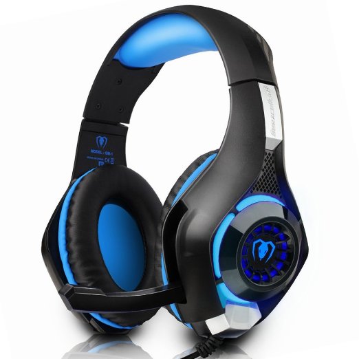 Gaming Headset, Pobon Surround Stereo Mac PC Computer Gaming Headset USB 3.5mm Over-Ear Headband Headphones with Microphone Noise Isolating Volume Control LED Light for PS4, Laptop Smartphones (Blue)