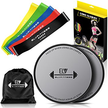 E LV Resistance Loop Bands and Exercise Sliders Set Home & Personal Fitness Equipment | 5 Elastic Bands   2 Gliding Discs | Awesome Core, Legs, Abs Workouts | Physical Therapy & Injury Prevention