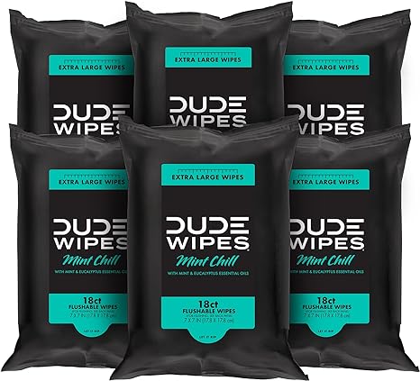 DUDE Wipes - On-The-Go Flushable Wipes - 6 Pack, 108 Wipes - Mint Chill Extra-Large Adult Wet Wipes - Vitamin-E, Aloe Vera, Eucalyptus, and Tea Tree Oils - Septic and Sewer Safe Butt Wipes