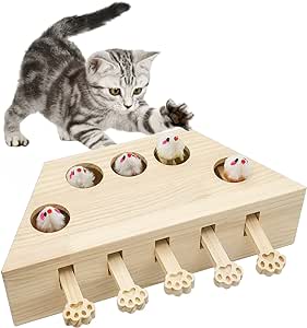 kathson Cat Enrichment Toys for Indoor Cats, Solid Wood Kitten Whack A Mole Interactive Box Catch Mice Game Cat Puzzle Toy for All Ages Cats Kittens Exercise Puzzle Relieve Boredom