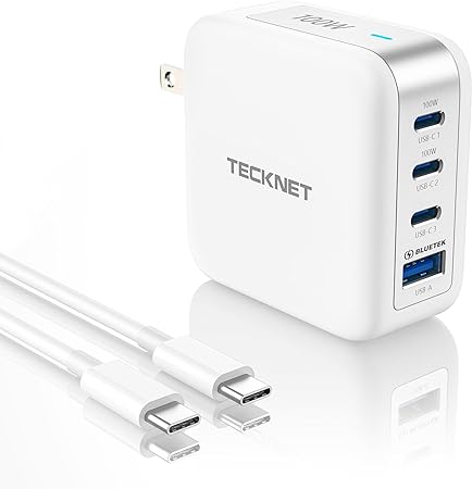 TECKNET USB C Charger 100W, 4-Port GaN Charger Block, Foldable PD Fast USB Wall Charger with Type C Cable, Wall Plug Compatible with MacBook Air, iPad Pro, Galaxy, Google, iPhone, Switch, Laptop