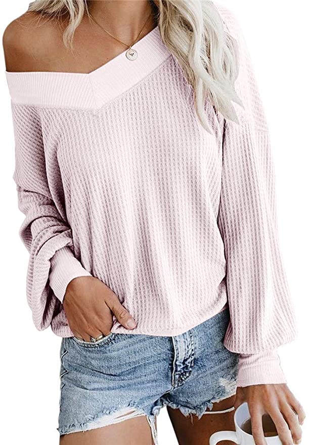 Nicetage Women's V Neck Long Sleeve Waffle Knit Tops Off Shoulder Pullover Sweater Loose Shirts Blouse