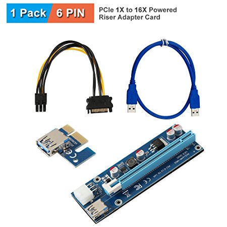 PCIe Riser,ATIVI 6 Pin PCIe 1X to 16X Powered Riser Adapter Card with 60cm USB 3.0 Extension Cable and PCIe to SATA Cable GPU Adapter Ethereum ETH Bitcoin Litecoin Mining Graphics Card