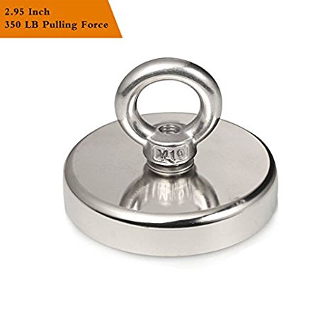 Wukong Round Neodymium Magnet with Eyebolt 350 LBS Pulling Force, Diameter 2.95" - Underwater Retrieving or Magnetic fishing
