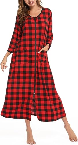 Bloggerlove Zipper Front Robes Women House Coat Half Sleeve Loungewear Long Nightgown with Pockets S-XXL