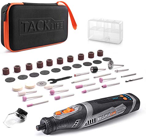 TACKLIFE Cordless Rotary Tool 8V Power 2.0 Ah Li-ion Battery with 43 Accessories and Shield Attachment, Long Endurance Power- Perfect for Sanding, Grinding, Cutting and Engraving -RTD02DC