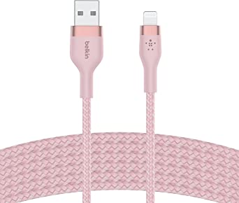 Belkin BoostCharge Pro Flex Braided USB Type A to Lightning Cable (3M/10FT), MFi Certified Charging Cable for iPhone 13, 12, 11, Pro, Max, Mini, SE, iPad and More - Pink