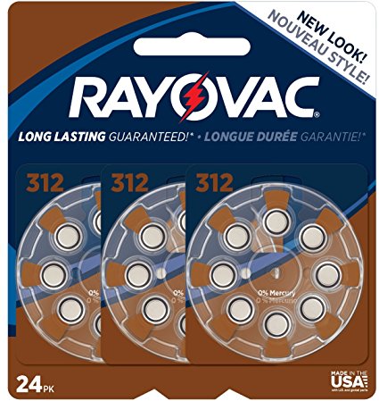 Rayovac Mercury Free Hearing Aid Batteries, Size 312, 24-Pack (L312ZA-24ZM)