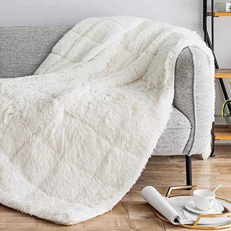 Sivio Luxury Shaggy Longfur Weighted Blanket 15lbs, Snuggly Fuzzy Faux Fur Heavy Warm Elegant Cozy Plush Sherpa Microfiber Blanket, for Couch Bed Chair Photo Props - 48"x72", Cream