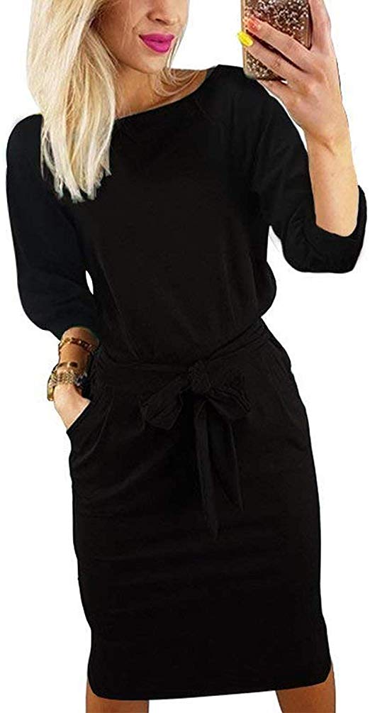 ChainJoy Womens Fashion Midi Dress Long Sleeve Solid Casual Belt Pencil Dresses with Pockets