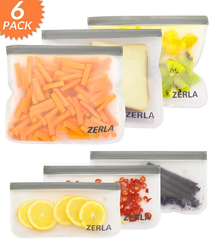 ZERLA Sandwich Bags Silicone and Reusable Plastic Free for Snacks, Fruits, Travel, Lunch Storage | FDA Grade Bag with Zipper and Seal Lock Top Freezer Safe (6 Pack)