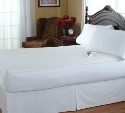 Serta Damask Stripe 233-Thread Count Low-Voltage Electric Heated California King Mattress Pad White