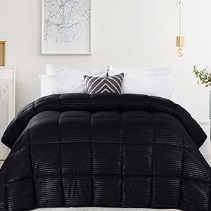 Superior Brushed Microfiber 1 cm Striped Comforter, Down Alternative Bedding, Reversible, Medium Weight, Fluffy, Decorative, Plush Duvet Insert, Oversized Blanket, Box Quilt Design, Full/Queen, Black