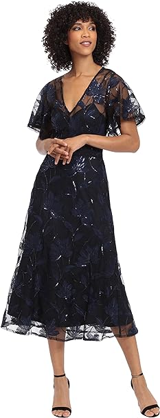 Maggy London Women's V-Neck A-line Midi Sequin Dress Party Event Guest of Wedding Occasion