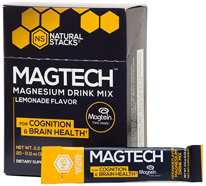 Natural Stacks: MagTech Magnesium Drink Mix (20 Pack) - Promote Brain Health - Improve Cognitive Aging - Help with Sleep Support - Lemonade Flavor