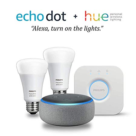 Echo Dot (3rd Gen) - Heather Gray with Philips Hue White and Color Smart Light Bulb Starter Kit