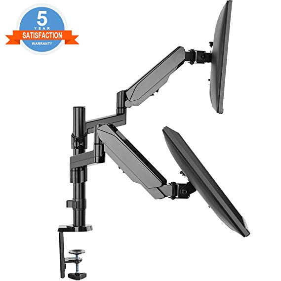 Dual Arm Monitor Desk Mount Stand,Height Adjustable Full Motion Gas Spring Monitor Mount Riser with C Clamp/Grommet Base Fits Two 17"-32" LCD LED Computer Screens up to 17.6lbs per,Black,by IMtKotW