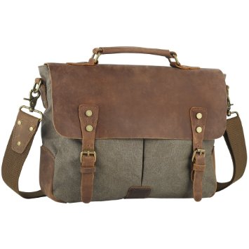 Smriti Vintage Real Leather Canvas Messenger Bag 14-inch Laptop Briefcase - Green