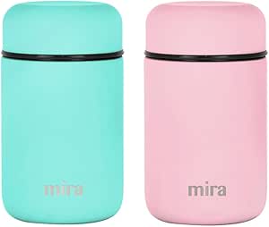 MIRA 2 Pack Insulated Food Jar Thermo for Hot Food & Soup, Compact Stainless Steel Vacuum Lunch Container, 13.5 oz, Teal, Pink