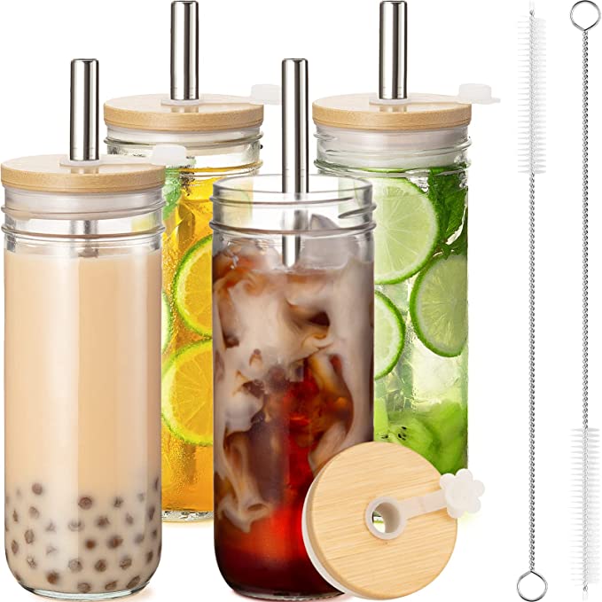 Glass Cups Set Reusable Boba Cup Smoothie Cups 4 Pack, 16oz Regular Mouth Mason Jars Drinking Glasses with Bamboo Lids and Straw, Bubble Tea Cup Iced Coffee Travel Tumbler Bottle Gifts for Large Pearl