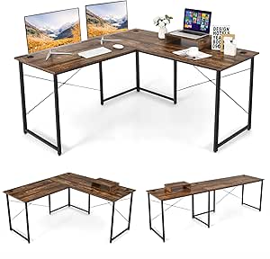 COSTWAY Bureau d'angle en L Réversible avec Support de Moniteur, Poste de Travail Industriel pour 2 Personnes avec 3 Trous de Câble, Assemblage Facile, 150 x 150 x 74 cm (Marron Rustique)