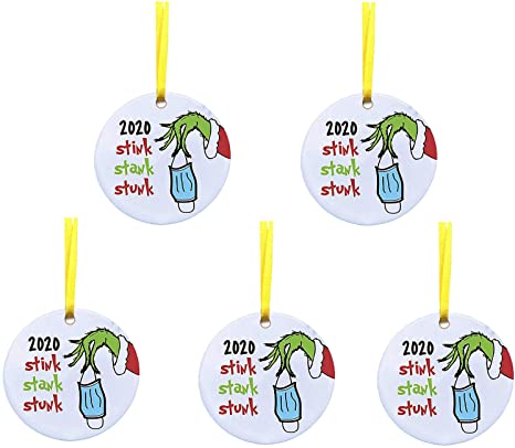 ValueVinylArt 2020 Stink Stank Stunk Mask Ornament, Funny Grinch Hand Christmas Ornament, Personalize Christmas Tree Decorations Creative Xmas Gift for Friend Family (5Pcs)