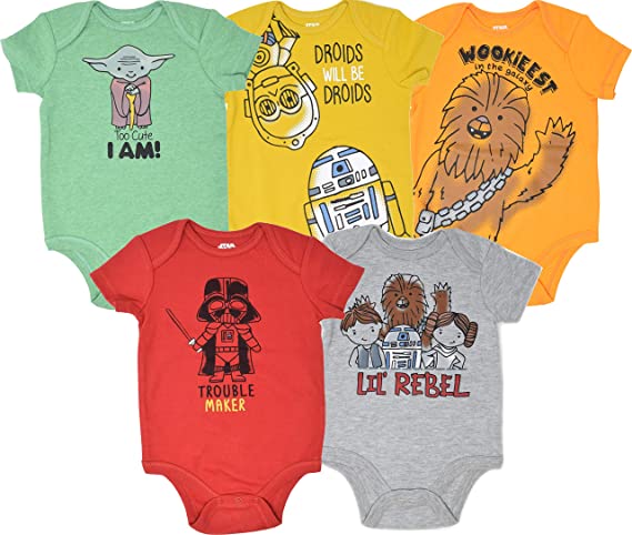 STAR WARS Chewbacca C-3PO R2-D2 Darth Vader Yoda 5 Pack Short Sleeve Bodysuits Newborn to Infant