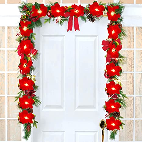 Artiflr 6.5Ft Lighted Poinsettia Christmas Garland with Red Berries and Holly Leaves, Pre-Lit Velvet Artificial Poinsettia Garland for Christmas Decoration, Battery Operated