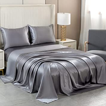 ARTALL Silky Super Soft 4 Piece Deep Pocket Satin Sheet Set, Queen Size Grey