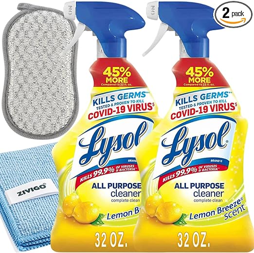 2 Lysol' All-Purpose Cleaner, Sanitizing and Disinfecting Spray, To Clean and Deodorize, Lemon Breeze Scent, 32oz - Bundled with MICROFIBER CLEANING CLOTH   SCRUBBING SPONGE