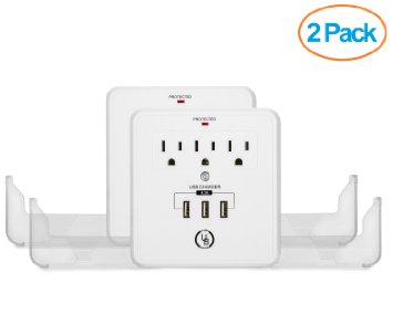 Yubi Power 3-Outlet Wall Mount Surge Protector with 3 USB Charging Ports 42A - with Slide-Out Smartphone Holders -ETL Listed - 2 Pack