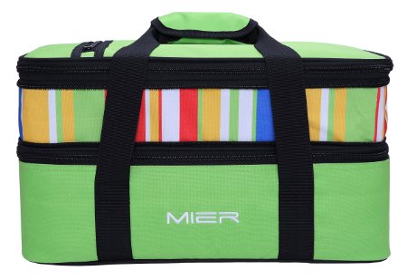 MIER Large Cool Bag Insulated Double Casserole Carrier Thermal Lunch Tote for Potluck Parties, Picnic, Beach - Fits 9"x13" Casserole Dish, Expandable, Green