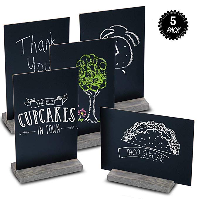 Mini Chalk Board by East World - Double-Sided Chalkboard Sign for Wedding Decorations, Signs, Labels and More! Also Multi-Size 6x9" or 9x6" Blackboard! Set of 5 Small Tabletop Chalkboards with Stand