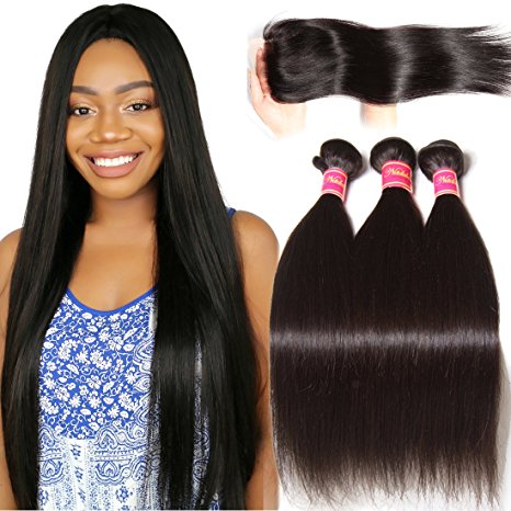Nadula Brazilian Straight Hair Extensions Pack of 3 with Lace Closure Free Part Grade 7a Unprocessed Remy Virgin Human Hair Natural Color (14 16 18 10inch)