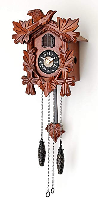 Polaris Clocks Small Cuckoo Clock with Hand Carved Birds, Weights and Swinging Pendulum (Cherry)