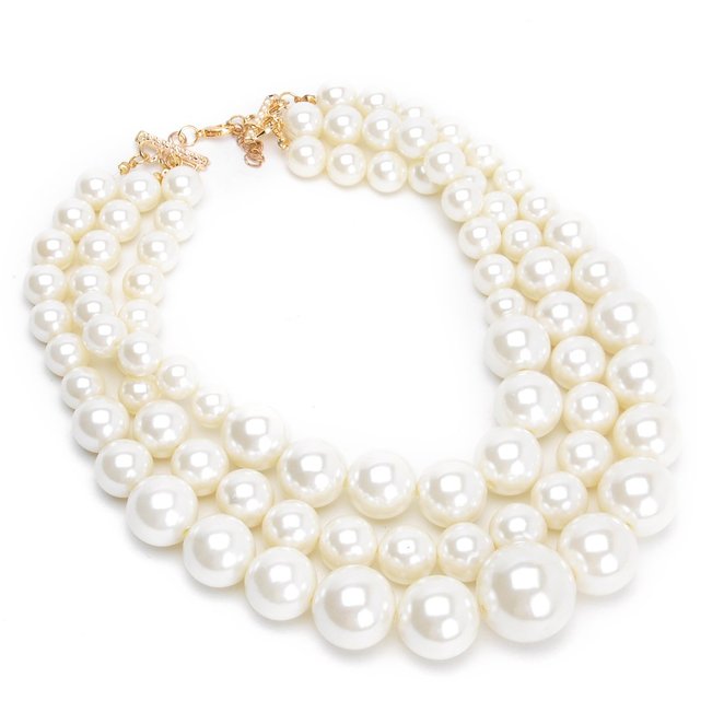 Fashion Resin Big White Simulated Pearl Multi Strand 3 Layer Chunky Evening Necklace