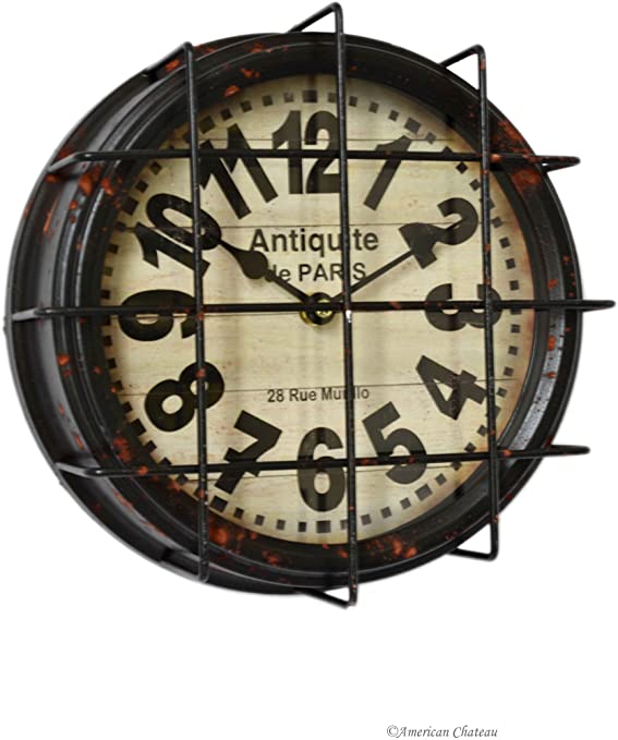 American Chateau Industrial 9.3" Large Iron Wall Vintage Retro Clock with Cage Over Face