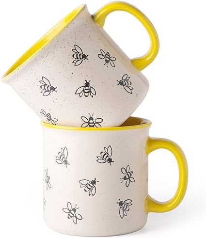 AmorArc 22 OZ Large Ceramic Coffee Mugs, Oversized Soup Cups With Big Handle for Men Women Dad Mom, Big Mug With Textured Bees Patterns for Office & Home -Microwave Safe, 2 Pcs